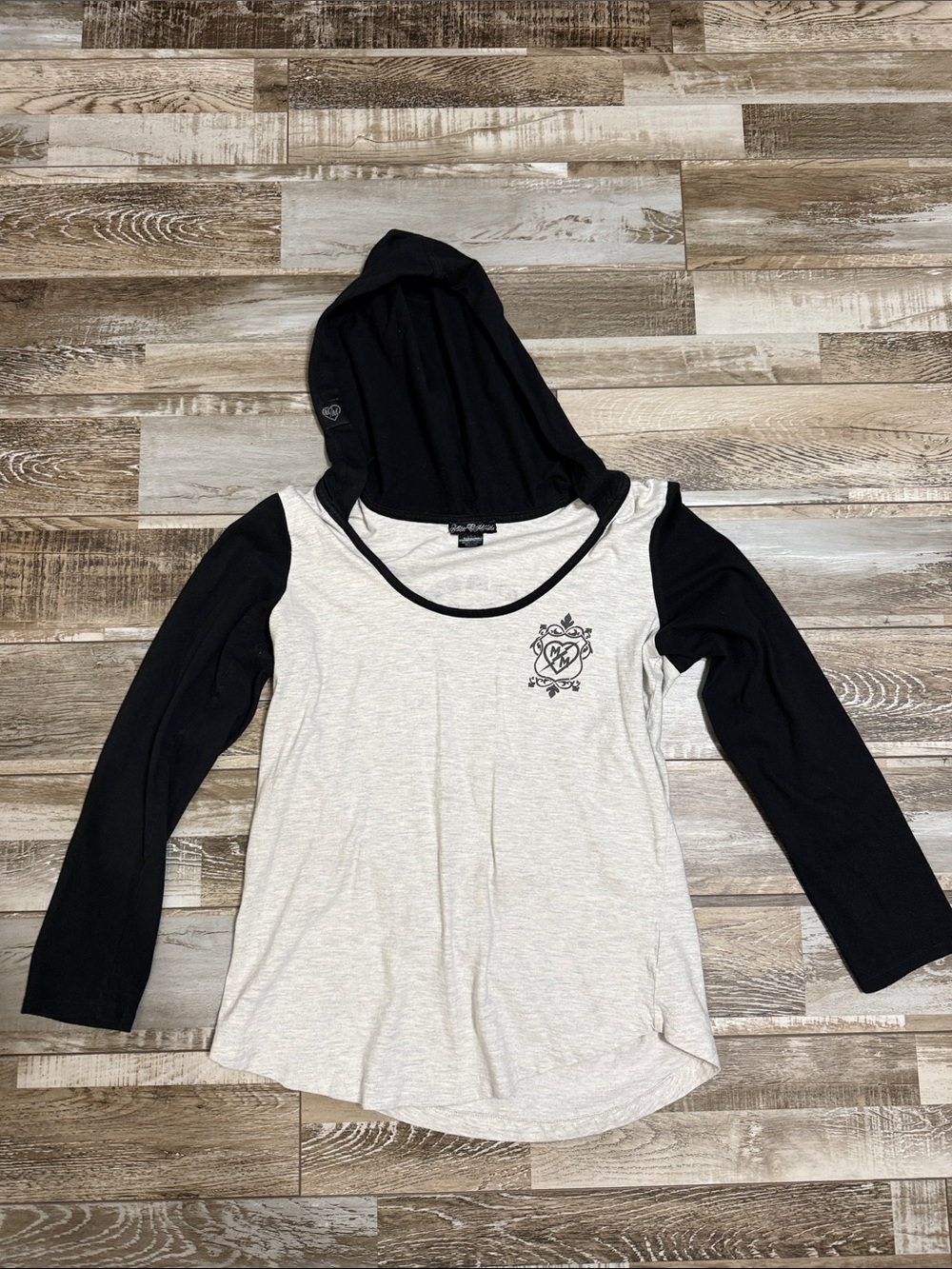 Metal Mulisha Women's Two-Tone Black & Light Gray Hooded Long Sleeve Tee